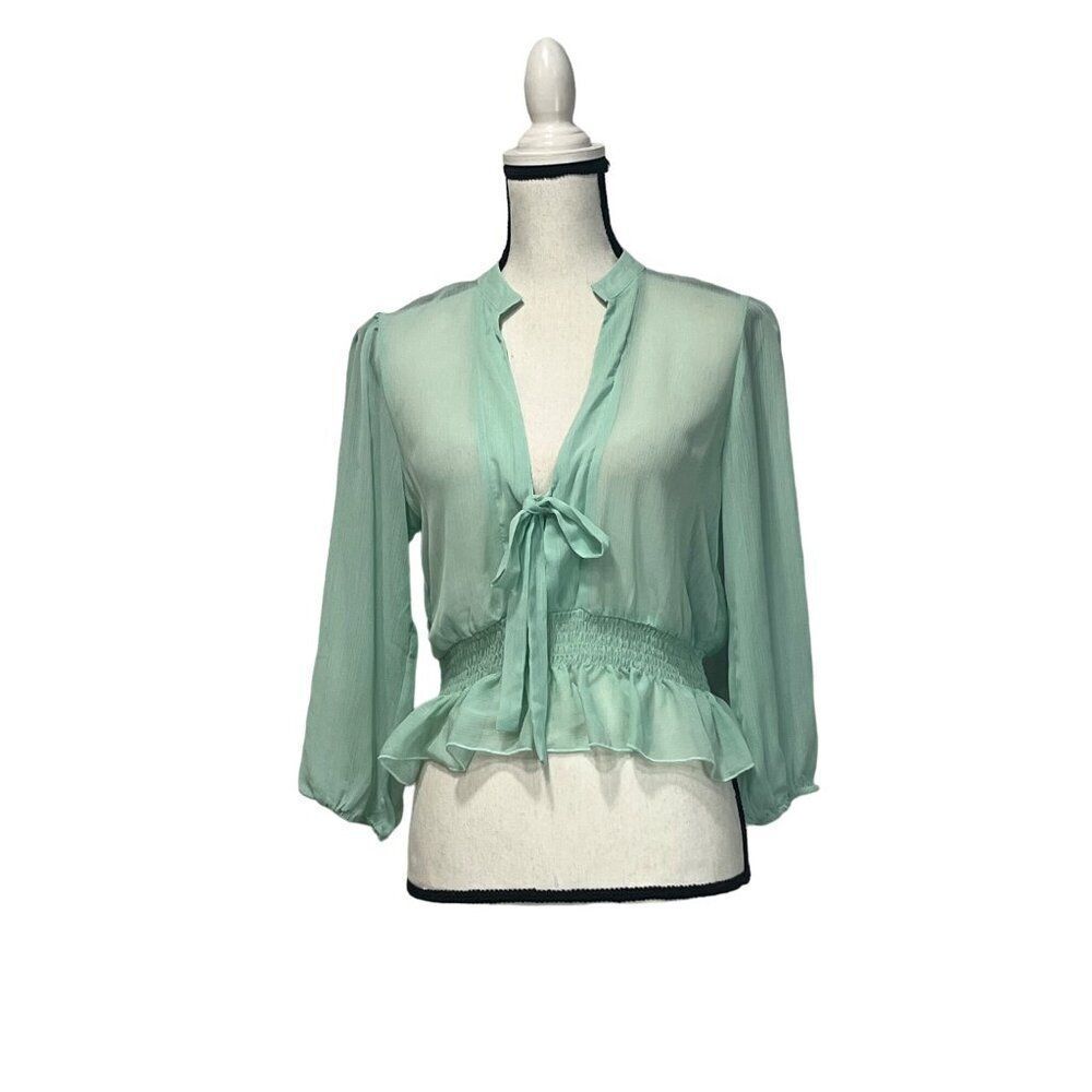 Asos Design Shirred Waist Sheer Long Sleeve Blouse, Mint green,